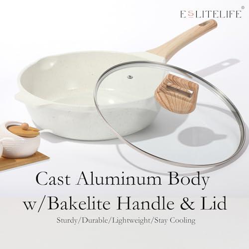 ESLITE LIFE Nonstick Deep Frying Pan with Lid, 5 Quart/11 Inch Ceramic Coating Sauté Pan Compatible with All Stovetops (Gas, Electric & Induction), PFOA Free, Cream - CookCave