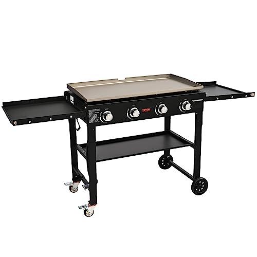 VEVOR Commercial Griddle on Cart, 36" Heavy Duty Manual Flat Top Griddle, Outdoor Cooking Station with Side Shelves, Steel Natural Gas Griddle, 4-Burners Restaurant Portable Grill - 60,000 BTU - CookCave