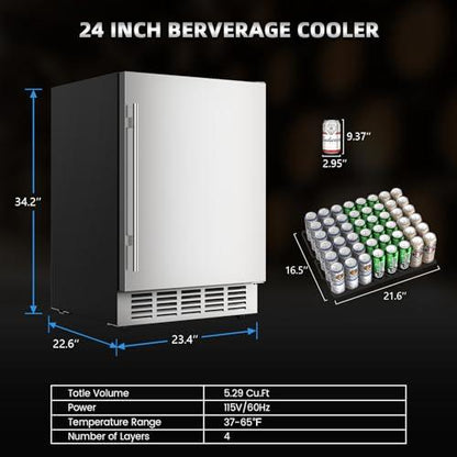 Mojgar 24 Inch Outdoor Beverage Fridge, Weather Proof Stainless Steel Beverage Cooler Under Counter Beer Fridge, Indoor/Outdoor Beverage Refrigerator for 190 Cans, Built-in/Freestanding (Foam Door) - CookCave