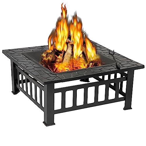 ZENY 32in Outdoor Fire Pits Outside Wood Burning Firepit Square Metal Fireplace Table Fire Bowl with Grill,Screen and Poker for Camping Bonfire Backyard BBQ - CookCave