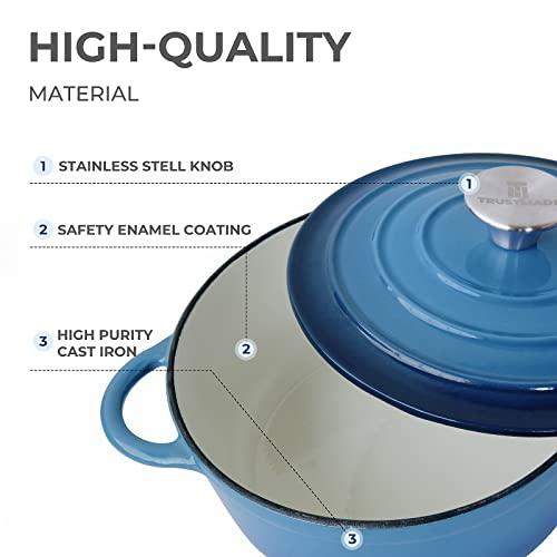 Trustmade 3 QT Cast Iron Dutch Oven, Enamel Coated Cookware Pot with Self Basting Lid for Home Baking, Braiser, Cooking, Blue - CookCave