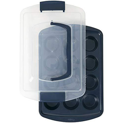 Wilton Diamond-Infused Non-Stick Navy Blue Muffin and Cupcake Pan with Cover, 12-Cup, Steel - CookCave