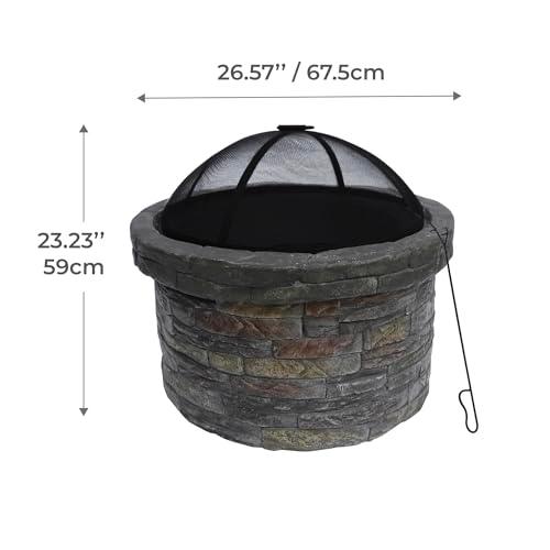 Teamson Home Round Stone Look Steel Outdoor Fire Pit Outside Wood Burning Firepit Bonfire with Spark Screen, Firebowl, Poker, Charcoal Grill for Patio Garden Backyard BBQ, 27 Inch, Dark Gray/Brown - CookCave