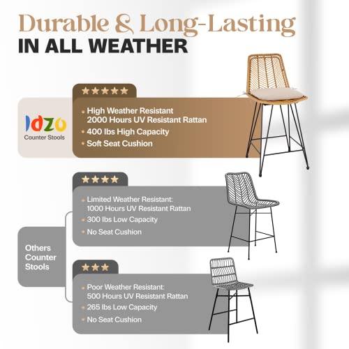 Idzo 400lbs Capacity Rattan Counter Height Bar Stools, 36.5 Inches Height Outdoor Counter Stools Set of 2 with Comfort Cushion, Solid Steel Frame & Durable Power Coating, Easy Assembly - CookCave