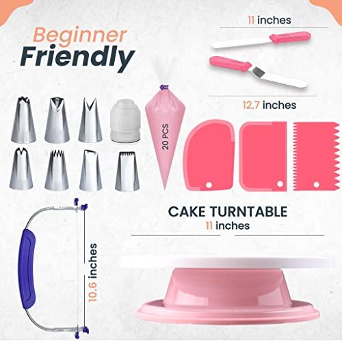 RFAQK 35PCs Cake Turntable and Leveler-Rotating Cake Stand with Non Slip pad-7 Icing Tips and 20 Bags- Straight & Offset Spatula-3 Scraper Set -EBook-Cake Decorating Supplies Kit -Baking Tools - CookCave