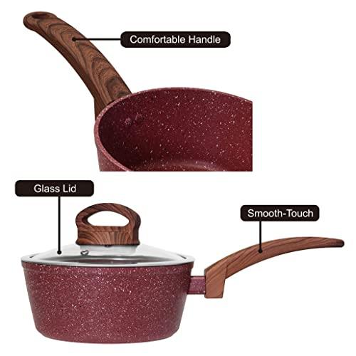 Easy chef always 2 Quart Saucepan with lid, Nonstick Small Sauce Pot with Granite Coating, Cooking Sauce Pan, Saucepan for Stove Top, Healthy Nonstick Pot with Lid, PFOA Free, Soup Pan Milk Pan, Red - CookCave