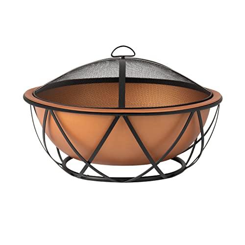 Fire Sense 62241 Fire Pit Barzelonia Copper-Look Wood Burning Lightweight Portable Outdoor Firepit Backyard Fireplace Camping Bonfire Included Screen Lift Tool & Cooking Grate - Round - 26" - CookCave