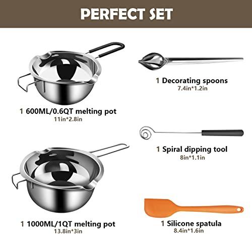 Artcome 5pcs Double Boiler Melting Pot Set - 600ML/0.6QT and 1000ML/1QT Chocolate Stainless Steel Melting Pot, Decorating Spoons, Silicone Spatula and Dipping Tool for Melting Chocolate, Candy, Soap - CookCave