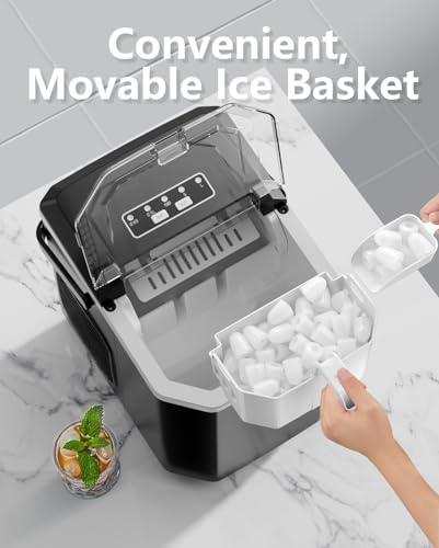 Countertop Ice Maker, Portable Ice Machine with Carry Handle, Self-Cleaning Ice Makers with Basket and Scoop, 9 Cubes in 6 Mins, 26 lbs per Day, 2 Sizes of Bullet Ice for Home Kitchen Office Bar Party - CookCave