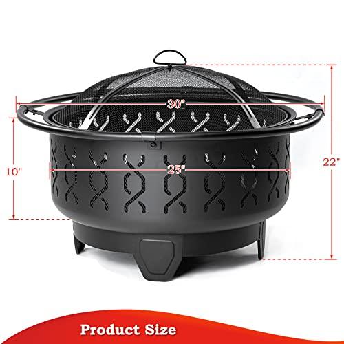 SINGLYFIRE 30 Inch Fire Pits for Outside Wood Burning Outdoor Large FirePit Round Steel Firepit for Patio Backyard Garden Outdoor Heating,with Spark Screen,Log Grate,Poker, Black (SFPR-001) - CookCave