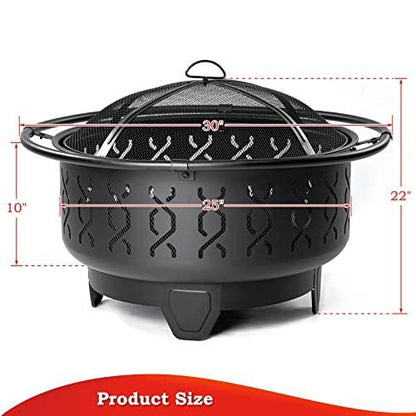 SINGLYFIRE 30 Inch Fire Pits for Outside Wood Burning Outdoor Large FirePit Round Steel Firepit for Patio Backyard Garden Outdoor Heating,with Spark Screen,Log Grate,Poker, Black (SFPR-001) - CookCave