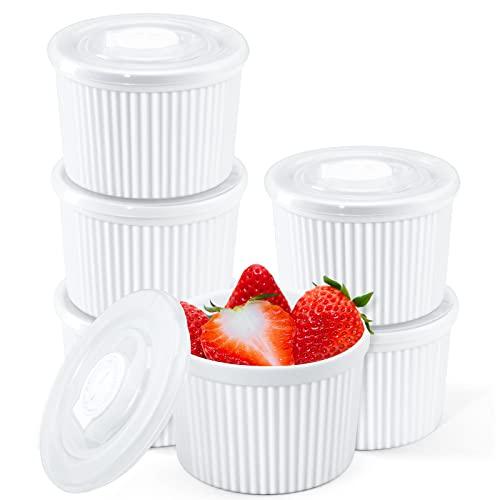 Yedio 8 oz Ramekins with Lids Oven Safe, Porcelain Creme Brulee Souffle Dishes with Covers for Baking, White Custard Cups Stackable, Set of 6 - CookCave