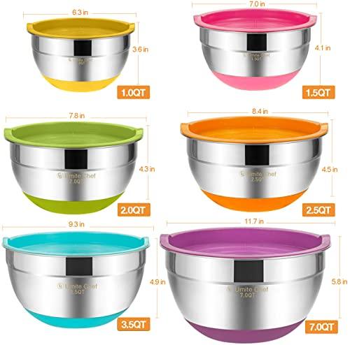 Umite Chef Mixing Bowls with Airtight Lids, 6 Piece Stainless Steel Metal Bowls, Measurement Marks & Colorful Non-Slip Bottoms Size 7, 3.5, 2.5, 2.0,1.5, 1QT, Great for Mixing & Serving - CookCave