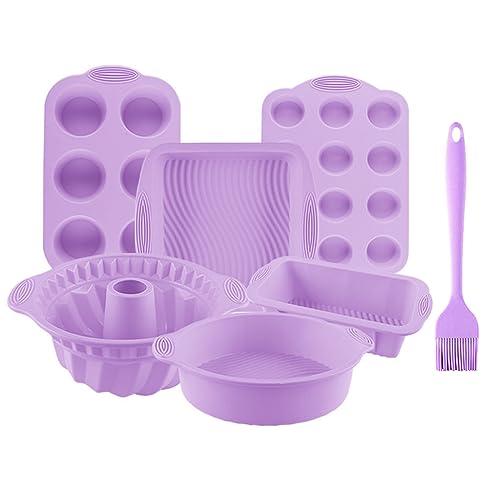 Acidea 7PCS Silicone Baking Set, Nonstick Silicone Bakeware Pan, Soft Easy to demould Baking Mold for Oven, Heat Resistant Bakeware Tray for Muffin, Loaf, Donut, Pizza, Cupcake, Purple - CookCave