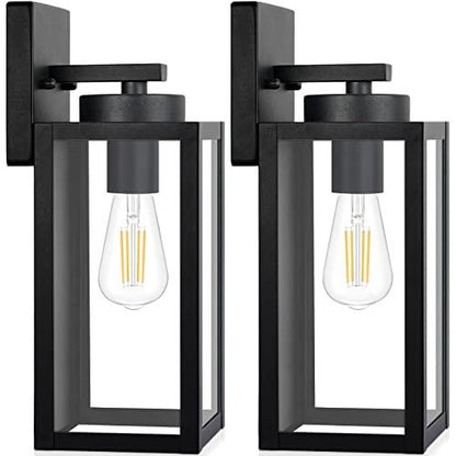 Outdoor Wall Light Fixtures, Exterior Waterproof Lanterns, Porch Sconces Wall Mounted Lighting with E26 Sockets & Glass Shades, Modern Matte Black Wall Lamps for Patio Front Door Entryway, 2-Pack - CookCave