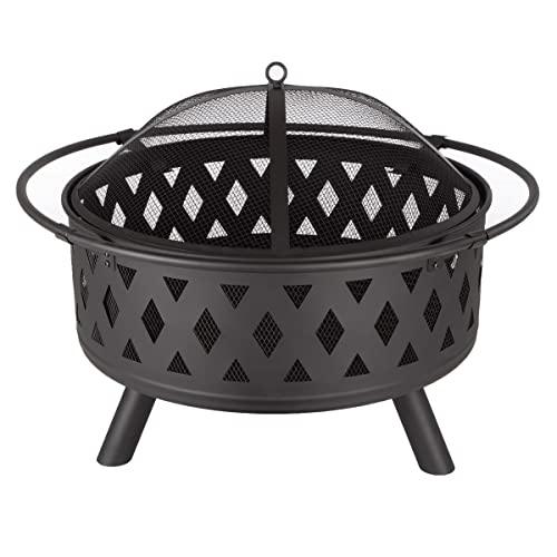 Fire Pit Set, Wood Burning Pit - Includes Screen, Cover and Log Poker - Great for Outdoor and Patio, 32 inch Round Crossweave Firepit by Pure Garden - CookCave