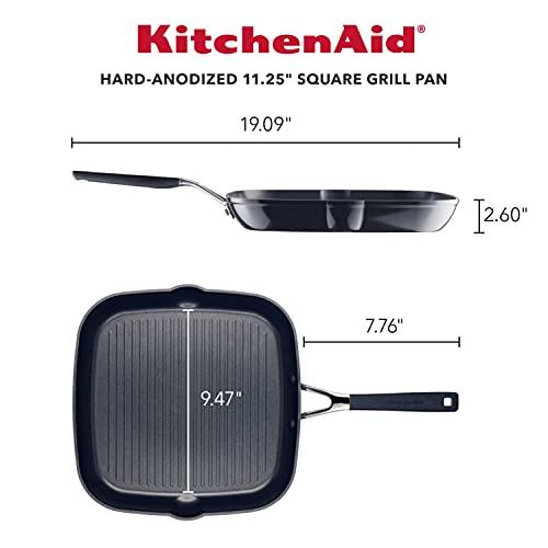 KitchenAid Hard Anodized Nonstick Square Grill Pan/Griddle with Pour Spouts, 11.25 Inch, Onyx Black - CookCave