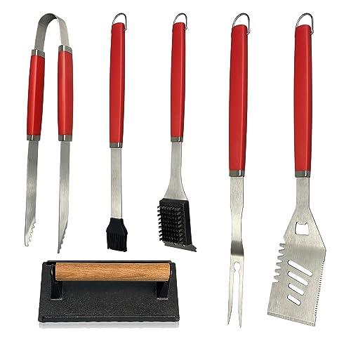 SETTECH 6PCS Grill Set for BBQ Tools Grilling Set,Heavy Duty Grill Utensils for Outdoor Grill with Spatula,Fork,2 Set of Brushes,Tongs and BBQ Press,BBQ Accessories Grill Sets for Men - CookCave