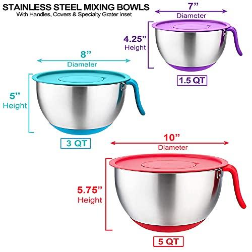 Stainless Steel Mixing Bowls with Lids - Long Handles, Pour Spout, Non Slip Colorful Silicone Bottom, 3 Graters, & Measurement Marks, Ideal for Cooking, Baking & Serving, Food & Salad Prep. (Set of 3) - CookCave