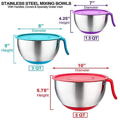 Stainless Steel Mixing Bowls with Lids - Long Handles, Pour Spout, Non Slip Colorful Silicone Bottom, 3 Graters, & Measurement Marks, Ideal for Cooking, Baking & Serving, Food & Salad Prep. (Set of 3) - CookCave