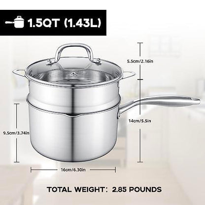 Leetaltree 1.5 Quart Stainless Steel Saucepan with Steamer Basket, Tri-ply Construction, Versatile Sauce Pan with Double-sized Drainage Lid - Perfect for Cooking Gravies, Pasta, Vegetable and More - CookCave