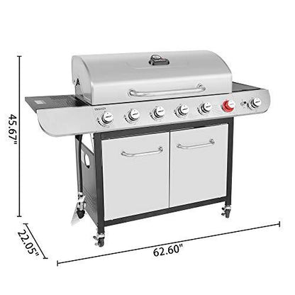 Royal Gourmet US-SG6002R 6 BBQ Liquid Propane Grill with Sear and Side Burners, 71,000 BTU Cabinet Style Stainless Steel Gas Griller, Silver - CookCave