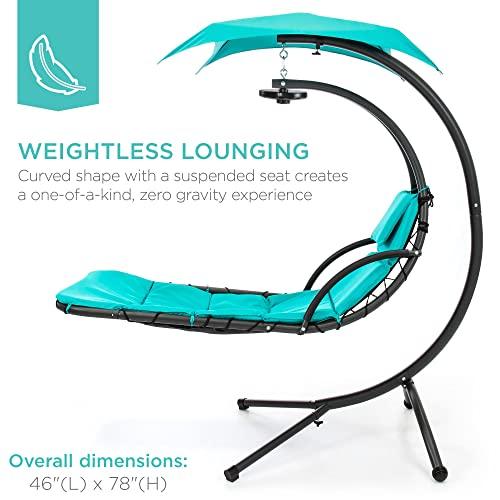 Best Choice Products Hanging LED-Lit Curved Chaise Lounge Chair Swing for Backyard, Patio, Lawn w/ 3 Light Settings, Weather-Resistant Pillow, Removable Canopy Shade, Steel Stand - Teal - CookCave