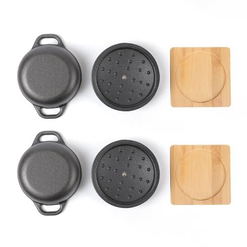 HAWOK Cast Iron Mini Round Cocotte Set, 0.7QT Mini Dutch Ovens with Lids and Bamboo Trays, 667ml/22.57oz/2.82cups, Set of 2, Black - CookCave