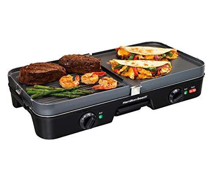 Hamilton Beach 3-in-1 Electric Indoor Grill + Griddle, 8-Serving, Reversible Nonstick Plates, 2 Cooking Zones with Adjustable Temperature (38546), Black - CookCave