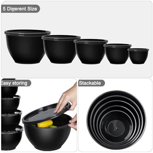 Greentainer 5-Piece Plastic Mixing Bowl Set with Lids for Kitchen, Nesting Storage Bowls for Baking, Prepping,Cooking and Serving Food, Dishwasher, Microwave Safe,Great for Mixing & Serving (Black) - CookCave