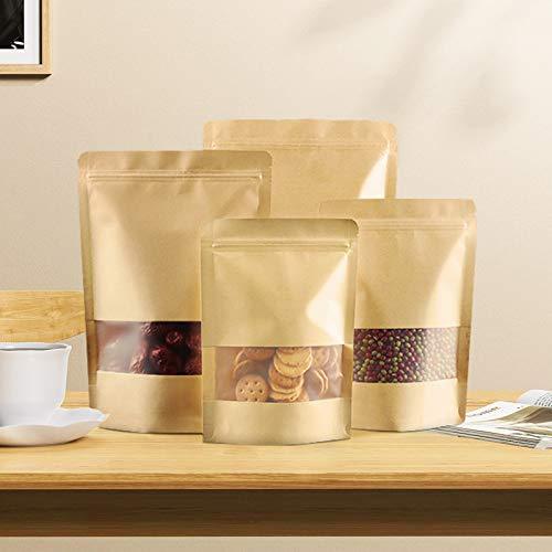 100 Pcs Resealable bags,3.5" x 5.5" Stand Up Kraft Paper Bags with Matte Window, Zip Lock Food Storage Bags for Packaging Products, Reusable, Sealable - CookCave