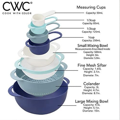 COOK WITH COLOR 8 Piece Nesting Bowls with Measuring Cups Colander and Sifter Set - Includes 2 Mixing Bowls, 1 Colander, 1 Sifter and 4 Measuring Cups, Teal - CookCave