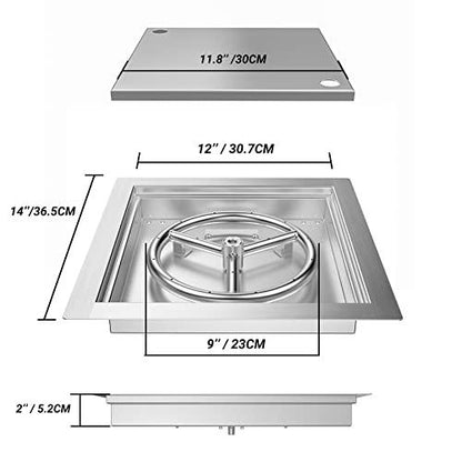 Skyflame 12 inch Square Stainless Steel Drop in Fire Pit Burner Pan with Burner Ring and Protective Cover, Outdoor DIY Firepit Kit for Both Natural Gas and Liquid Propane - CookCave