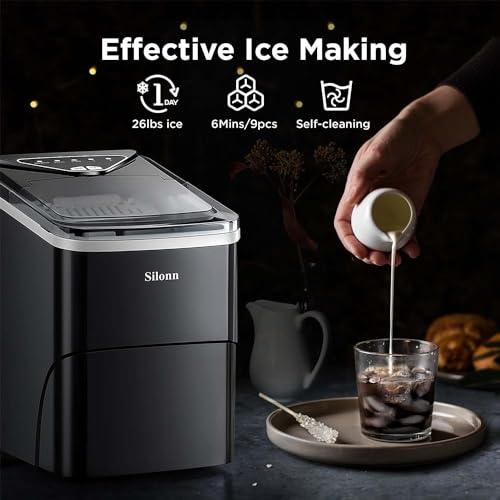 Silonn Ice Makers Countertop, 9 Cubes Ready in 6 Mins, 26lbs in 24Hrs, Self-Cleaning Ice Machine with Ice Scoop and Basket, 2 Sizes of Bullet Ice for Home Kitchen Office Bar Party - CookCave