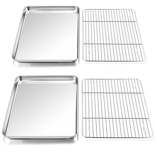 P&P CHEF Baking Sheets and Racks Set (2 Sheet + 2 Rack), Stainless Steel Baking Pan Cookie Sheet with Cooling Rack, Size 16''x12''x1'', Non Toxic & Healthy & Easy Clean - CookCave