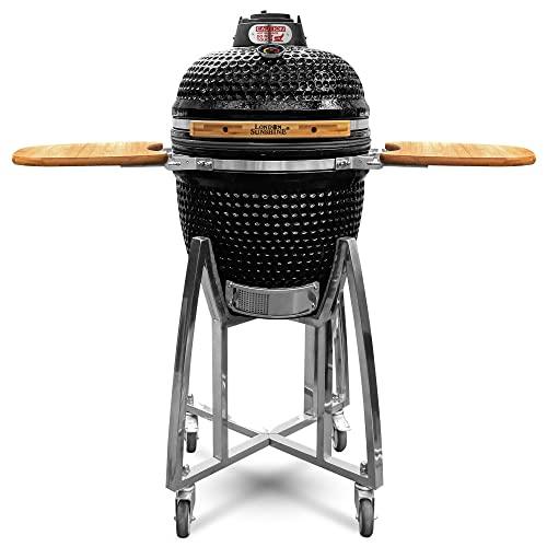 London Sunshine Ceramic Kamado Charcoal BBQ Grill - 18 Inch with Stainless Steel Stand and Double Sideboards (BLACK) - CookCave