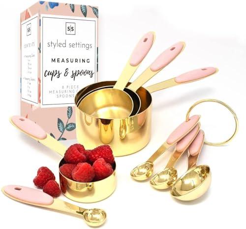 Pink Measuring Cups and Spoons Set - Sturdy 8PC Pink & Gold Measuring Cups and Spoons Set Stainless Steel with Pink Silicone Handle- Pink Kitchen Decor - Pink Kitchen Accessories - Cute Measuring Cups - CookCave