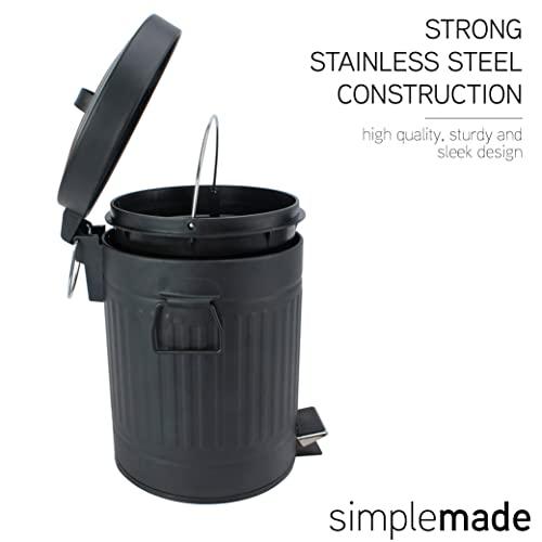 SIMPLEMADE Round Step Trash Can, Stainless Steel with Lid, Small Metal Wastebasket / Garbage Can For Bathroom, Office, Black, 5 Liter / 1.3 Gallon - - CookCave