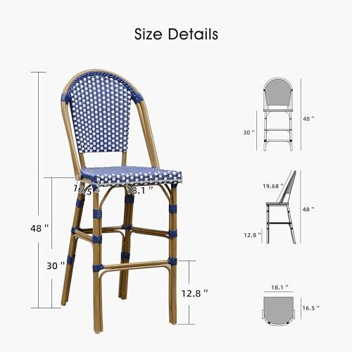 PURPLE LEAF French Counter Height Bar Stool Set of 2 25" Bamboo Print Finish Patio Bar Chairs with Back Rattan Bar Chairs French Bistro Set for Kitchen Outdoor Counter Stool Royal Blue - CookCave