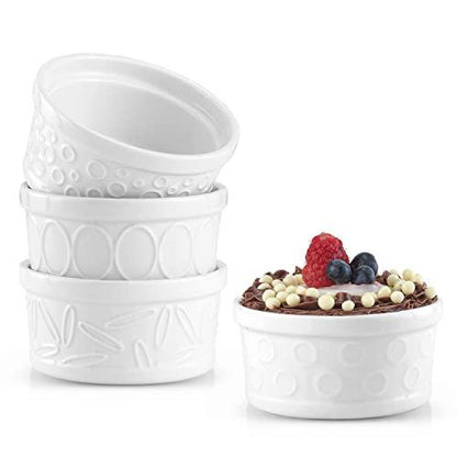 JoyJolt Small Ramekins 4 oz Oven Safe Bowls. White Embossed Porcelain Ceramic Ramekin Set of 4. Creme Brulee Ramekins, Souffle Cups, Custard Cups, Charcuterie Bowls, Sauce Cups, Gratin Ramiken - CookCave