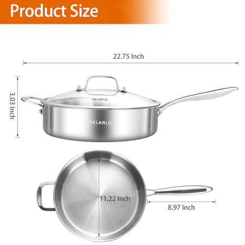 DELARLO Whole Body Tri-Ply Stainless Steel Sauté Pan with lid, 6 Quarts Saute Pan, 12 Inch Deep Frying Pan, Induction Compatible Chef Cooking Pan, Dishwasher & Oven Safe - CookCave