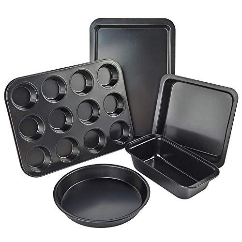 Nonstick Bakeware Set, 5 Pcs Bakeware Include Cookie Sheet, Loaf Pan, Square Pan, Round Cake Pan, 12 Cups Muffin Pan - CookCave