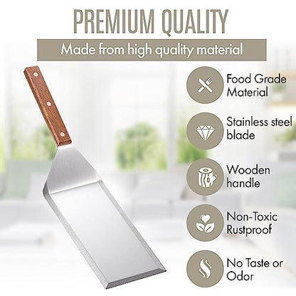 LUSHIG 8” Extra-Large Sturdy Stainless Steel Spatula Hamburger Turner with Strong Wooden Handle – Professional Commercial Food Flipper Scraper for Grilling Cooking, Baking for Your Flat Top - CookCave