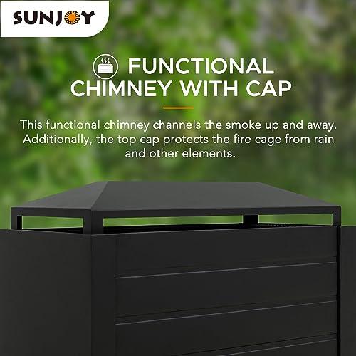 Sunjoy Outdoor Fireplace, Patio Wood Burning Steel Fireplace with Chimney, Log Holders, Fireplace Tool and PVC Cover, Black - CookCave