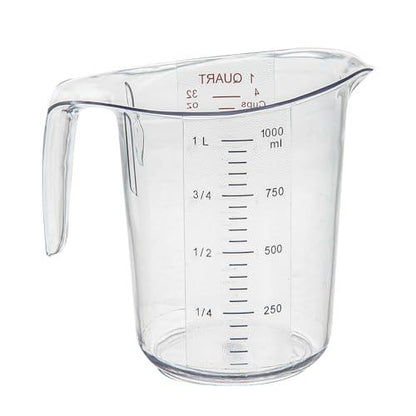 RW Base 1 Quart Measuring Jar, 1 Durable Measuring Beaker - Metric And Imperial Units, V-Shaped Spout, Clear Plastic Measuring Cup, Handle With Thumb-Grip, Tolerates Up To 248F - Restaurantware - CookCave