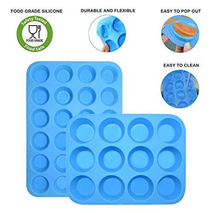 Silicone Muffin Pan Cupcake Set – Non-Stick 12 Cups and Mini 24 Cups,Silicone Baking Molds,BPA Free Muffin Tin with 1 Silicone Spatula & 1 Oil Brush (blue) - CookCave