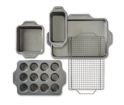 All-Clad Pro-Release Nonstick Bakeware Set 5 Piece Oven Safe 450F Half Sheet, Cookie Sheet, Muffin Pan, Cooling & Baking Rack, Round Cake Pan, Loaf Pan, Baking Pan Grey - CookCave