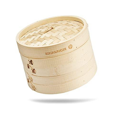 Reishunger Bamboo Steamer Handmade Basket, Traditional 2-Tier Design - 8 Inch - for Dumplings, Rice, Dim Sum, Vegetables, Fish and Meat - Incl. 2 Cotton Cloths - CookCave