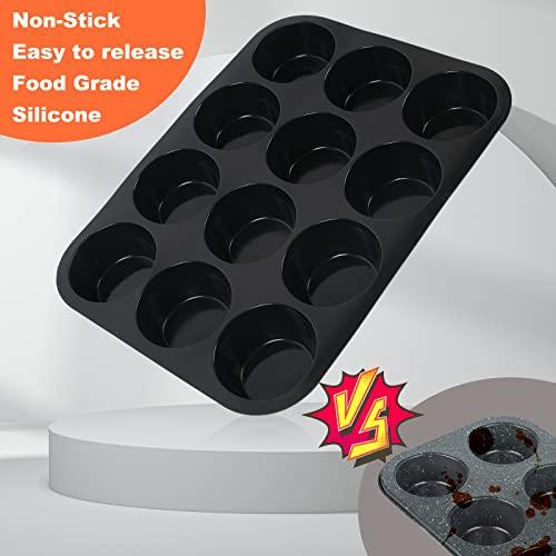 Inn Diary Silicone Muffin Pan for Baking 12 Cups Non-Stick Cupcake Pan,BPA Free Silicone Baking Mold for Muffin Cupcake Egg Bite Maker 2 Pack,Black - CookCave