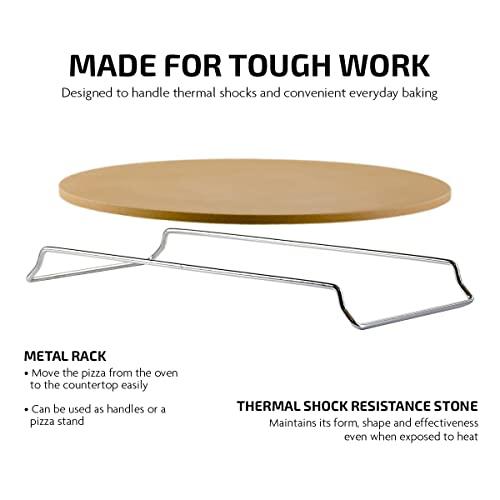 OVENTE Ceramic Flat 13 Inch Pizza Stone Set with Crust Cutter Wheel & Metal Rack/Handle, Compact Easy Storage Portable Baking Grilling Stone Thermal Shock Resistance for Oven Grill BBQ, Beige BW10132 - CookCave